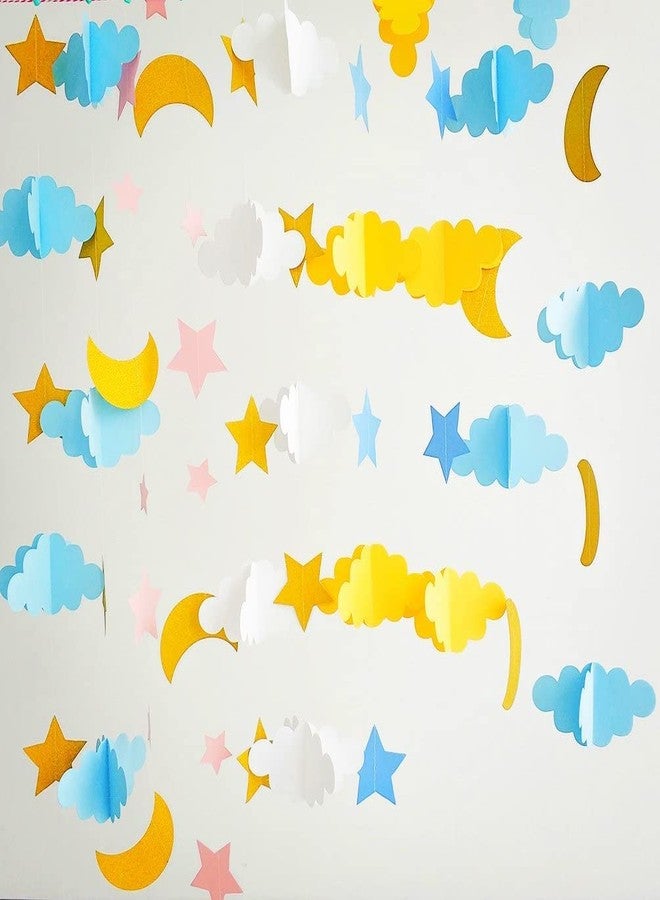 Happy Space (6.5ft x 2pcs) 3D Cloud Moon Star Glitter Banner, Paper Handmade Decoration for Nursery Decor/Baby Shower/Welcome Baby/Theme Parties/Birthday Decoration Pack of 2 (White Yellow + Blue) - Image 1